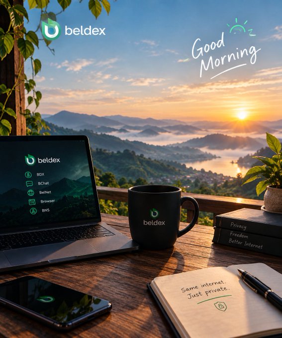 A "Good Morning" promotional image for beldex featuring a laptop, branded mug, and notebook on a desk overlooking a misty mountain sunrise, with the slogan "Same internet, just private."