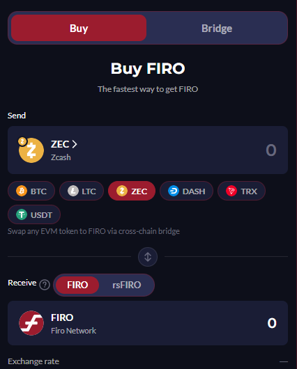 The image shows the "Buy FIRO" interface on buyfiro.app, featuring a swap widget with "Buy" and "Bridge" tabs that allows users to exchange various cryptocurrencies—including BTC, LTC, ZEC, DASH, TRX, and USDT (alongside EVM assets via cross-chain bridge)—directly into FIRO or rsFIRO with no KYC required.