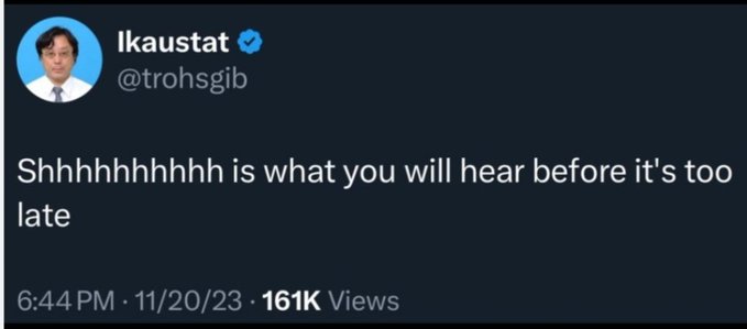 A tweet from user @trohsgib (display name "Ikaustat") posted at 6:44 PM on 11/20/23 reads "Shhhhhhhhhhh is what you will hear before it's too late," earning 161K views. The cryptic message, paired with the caption's "👀👀 Shhhhhh" reference, suggests a teasing or ominous warning about some upcoming revelation or event.