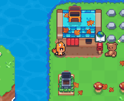 A pixel art video game scene showing a character standing near a riverbank beside crates, barrels, and a teddy bear, with a small boat docked at the water's edge.