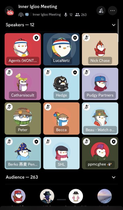 An 'Inner Igloo Meeting' speaker view showing 12 speaker tiles with penguin-like NFT avatars including names like Agents (WONT...), LucaNetz, Nick Chase, Catharsiscult, and Hedge, with 263 audience members.