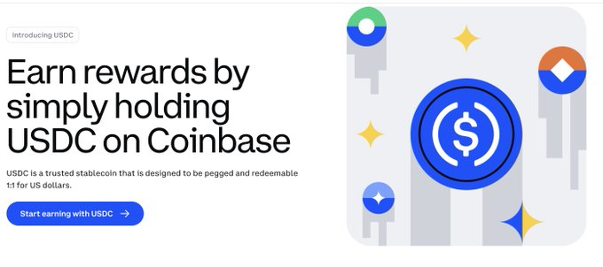 A Coinbase promotional banner reading 'Earn rewards by simply holding USDC on Coinbase,' with the USDC dollar coin graphic on the right.