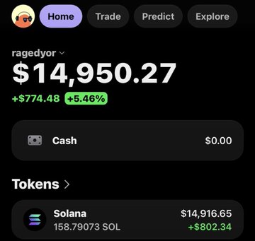 Cryptocurrency portfolio screenshot for user 'ragedyor' showing a balance of $14,950.27 (+5.46%), holding primarily Solana (158.79073 SOL valued at $14,916.65).