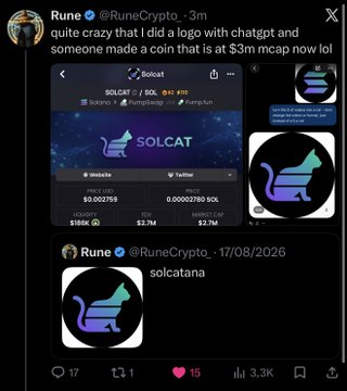 A screenshot of a tweet by Rune (@RuneCrypto) showing the SOLCAT token's market cap growth from $3M, with a reply joking "solcatana," relating to the post about being a great "ideas guy" since the logo he created with ChatGPT helped a coin reach a $3M market cap.
