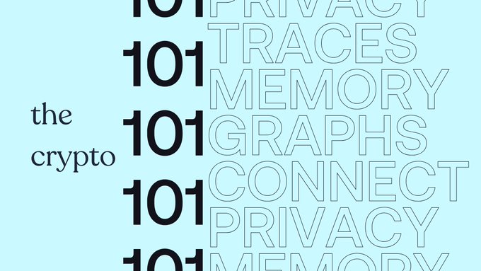 A typographic teaser for "The Crypto 101" podcast episode 37, featuring a pale blue background with the episode number "101" repeated alongside outlined keywords like "PRIVACY," "TRACES," "MEMORY," "GRAPHS," and "CONNECT"—visually echoing the post's theme of how crypto can help erase or reshape the internet's permanent memory of our digital traces.