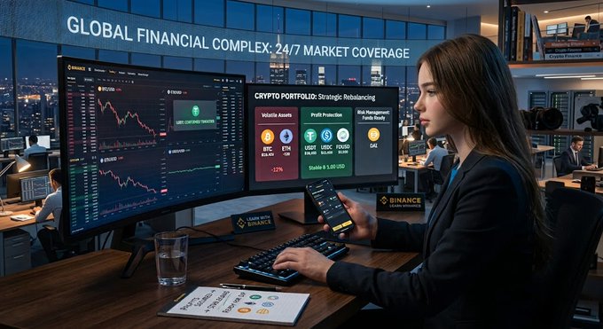 A trader in a suit works at a dual-monitor "Global Financial Complex" trading desk displaying "CRYPTO PORTFOLIO: Strategic Rebalancing" with stablecoin options including USDT, USDC, and DAI, illustrating how profits from BTC and ETH can be parked in stablecoins ahead of major market events.