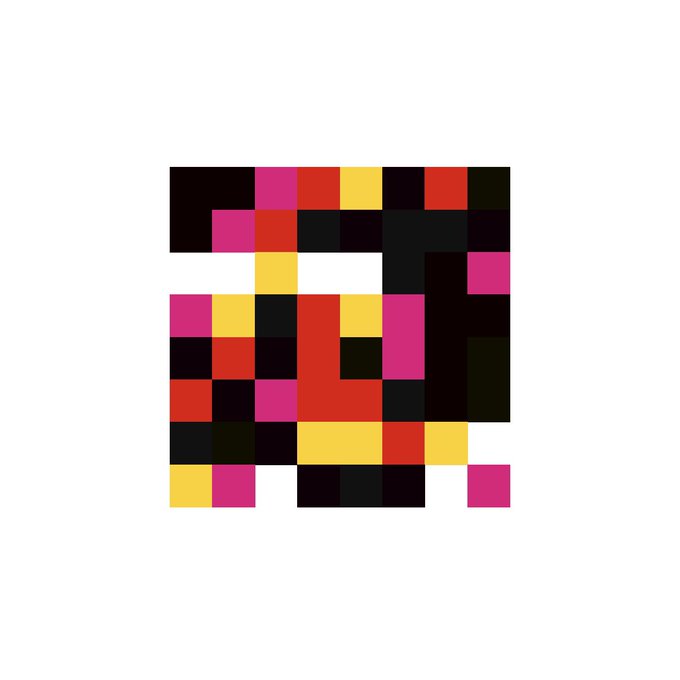A pixelated, abstract digital artwork featuring a mosaic of colored squares in black, red, pink, and yellow tones, representing a piece of generative NFT art likely created for the Credits mint by Jack Butcher. The image visually reflects the post's celebration of how Butcher's mint experience brought many newcomers into the world of digital art and NFTs.