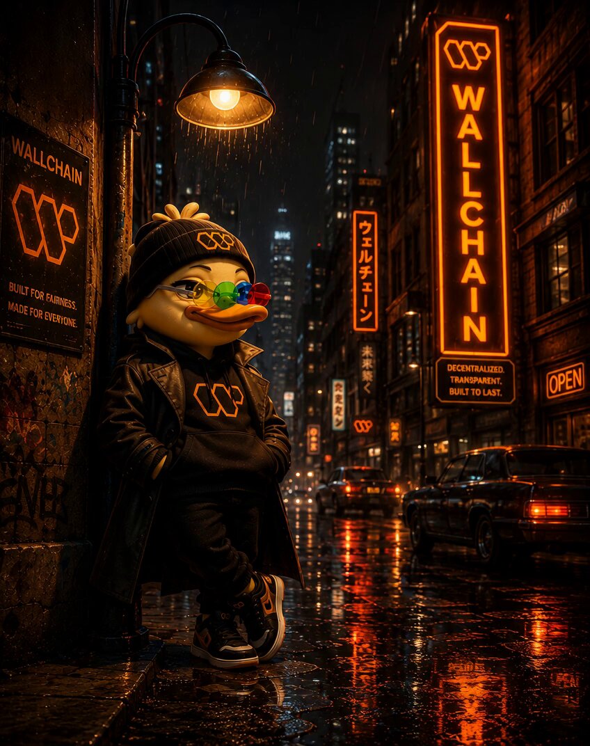 The image features a cartoon duck standing on a city street at night with neon signs illuminating the area around him. The duck has a unique appearance that makes it stand out against the backdrop of the city lights, which include various neon signs for businesses such as Wallchain and @wallchain. The post about Wallchain Select also highlights the shift in focus from finding creators to operational scale, indicating that the platform is now more concerned with managing applications rather than solely focusing on the technology itself.
