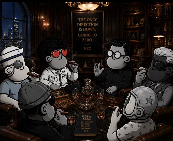 A stylized illustration of cartoon characters with round heads sitting in a circle smoking cigars in a lounge, with a sign reading 'THE ONLY DIRECTION IS DOWN, GOING TO ZERO. NPC' and 'THE GOAL ZERO'.