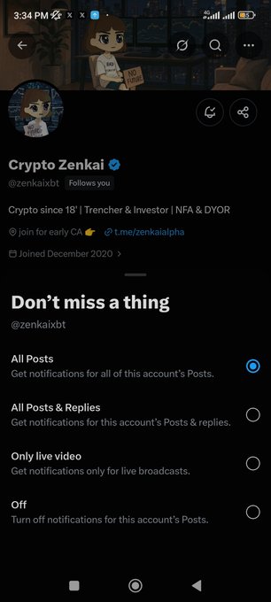 A screenshot of an X (formerly Twitter) profile for 'Crypto Zenkai' (@zenkaixbt), showing options to manage notification settings such as 'All Posts' and 'Off'.
