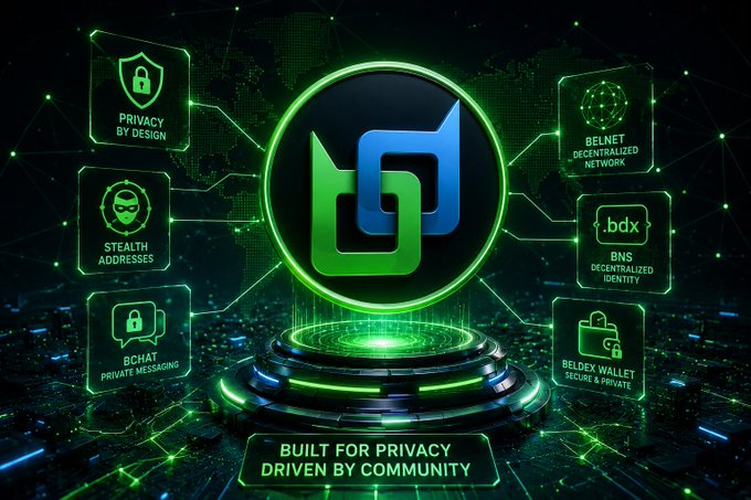A futuristic green and black promotional graphic for Beldex highlighting features like 'PRIVACY BY DESIGN', 'BELNET DECENTRALIZED NETWORK', 'STEALTH ADDRESSES', '.bdx BNS DECENTRALIZED IDENTITY', 'BCHAT PRIVATE MESSAGING', and 'BELDEX WALLET SECURE & PRIVATE' around a central logo.