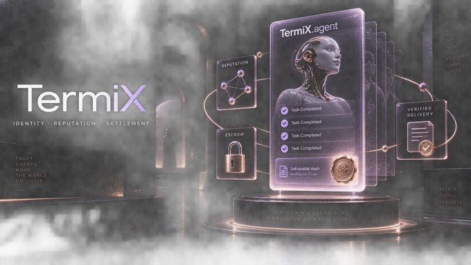 A digital promotional image for 'Termix' ('Identity - Reputation - Settlement') shows a hologram-like humanoid figure with completed task checkmarks, surrounded by floating panels displaying 'REPUTATION', 'ESCROW', and 'VERIFIED DELIVERY'.