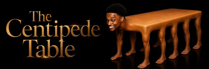 The image displays a banner for the Solana token $TABLEPEDE on Moby, featuring the text "The Centipede Table" in elegant gold lettering alongside a creative depiction of a man whose body transforms into a centipede-like wooden table with multiple human legs, capturing the surreal and meme-worthy nature of the community-submitted banner.