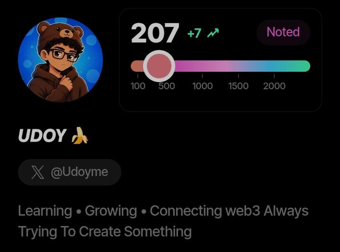 A social media profile card for 'UDOY' (@Udoyme) featuring a cartoon avatar of a person wearing a bear hood and glasses, showing a score of 207 (+7) on a progress meter, with the tagline 'Learning • Growing • Connecting web3 Always, Trying To Create Something'.