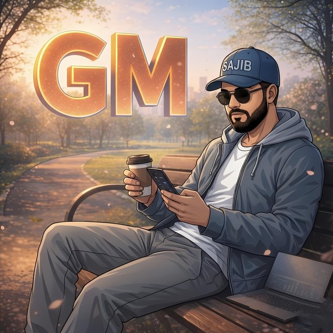 A stylish man wearing a "SAJIB" cap and sunglasses sits on a park bench holding a coffee cup and phone, with glowing "GM" (Good Morning) text in the background, perfectly capturing the relaxed morning vibe of the post as he calmly reviews @CNPYNetwork's steady, hype-free progress.