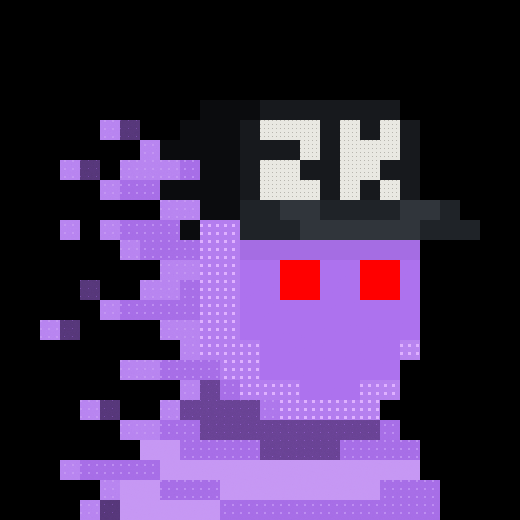 A pixel art character with a glitching purple body, red eyes, and a black baseball cap displaying '24' on the front.