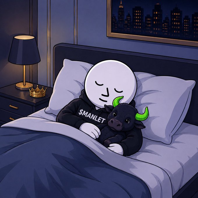A cartoon character with a blank white face and a black hoodie reading '$MANLET' sleeps in bed while hugging a small black bull plushie with green horns, with a night cityscape visible through the window.