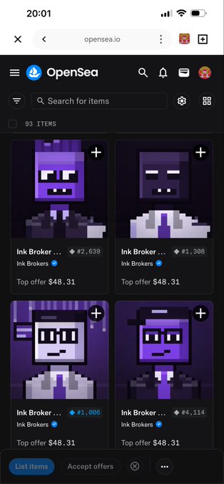 The OpenSea marketplace displays Ink Broker NFTs from the @Brokers_on_Ink collection, with visible items priced at a floor price of $48.31 and various ranks (#2,639, #1,308, #1,006, #4,114), supporting the post's claim that the NFTs have appreciated significantly from the $27 the user originally paid.