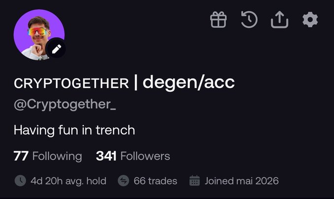 A profile screenshot of @Cryptogether_ (CRYPTOGETHER | degen/acc) showing 77 Following, 341 Followers, 66 trades, and a 4d 20h average hold, with a bio reading "Having fun in trench" — fitting the post's self-promotional tone as the author plugs their referral link (fomo.family/r/Cryptogether_) to followers while recounting a recent rug pull and teasing an upcoming "x100" call.