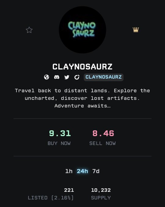 A trading profile page for "CLAYNOSAURZ" shows a buy now price of 9.31 and a sell now price of 8.46, with a description mentioning traveling to distant lands and discovering lost artifacts.