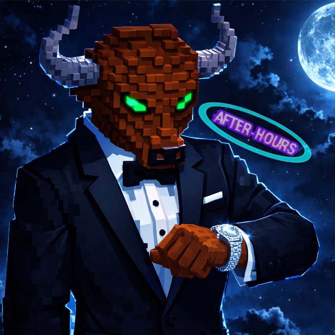 A pixelated bull character in a black tuxedo and bow tie checks a diamond-encrusted watch against a night sky with a moon, with an "AFTER-HOURS" neon sign visible.