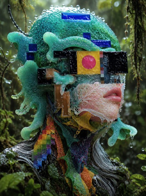 A surreal digital art image featuring a figure with a green, slime-covered head adorned with colorful Lego-like blocks, set against a forest background with water droplets.