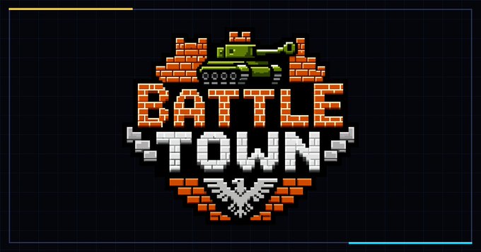 A pixel art logo reading 'BATTLE TOWN' featuring a green tank above brick walls and an eagle emblem below, set on a dark grid background.
