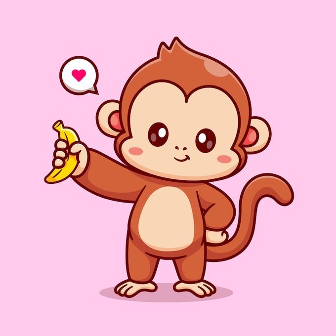 A cute cartoon monkey stands on a pink background, holding a banana in one hand and making a heart gesture, with a speech bubble containing a pink heart nearby.