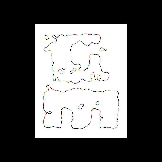 Two irregular, amoeba-like outlined shapes on a white background, with multicolored segmented line art tracing their perimeters.