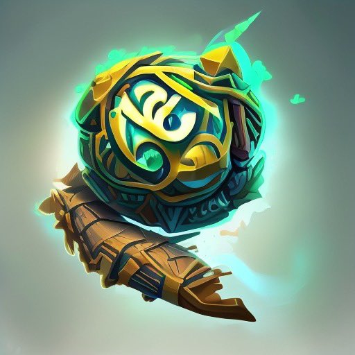 A stylized fantasy artwork of an ornate spiked mace or weapon head with a glowing green eye and turquoise energy effects, featuring intricate gold and dark metal detailing.