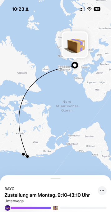A shipping tracking app screenshot showing a package route across the Atlantic Ocean from Europe to the USA, with text 'BAYC', 'Zustellung am Montag, 9:10–13:10 Uhr', and 'Unterwegs'.