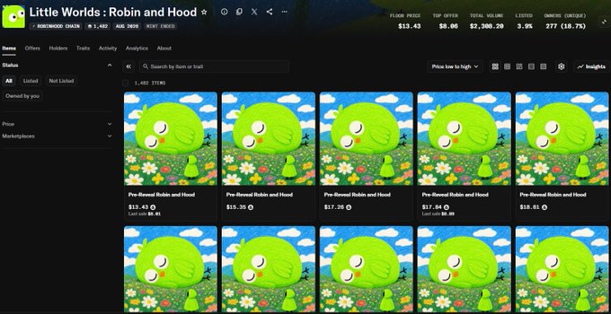 The image shows an NFT marketplace listing for "Little Worlds : Robin and Hood R" on ROBINHOOD CHAIN, displaying ten identical listings of a green slime-like character at prices ranging from $13.35 to $17.30, with a floor price of $13.43. The post suggests the artist launch a token through the STONKBROKER launchpad to tap into the NFT + RWA + MEME meta, acknowledging the artwork's appeal.