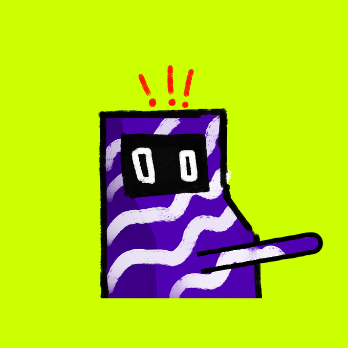 The image shows a purple sock-like character with "00" displayed on its face and three red exclamation points above its head, appearing shocked or alarmed against a bright yellow background. The character's distressed expression and the urgent exclamation marks visually reinforce the post's sense of panic surrounding the impending delisting deadline for BTC Rh machines.