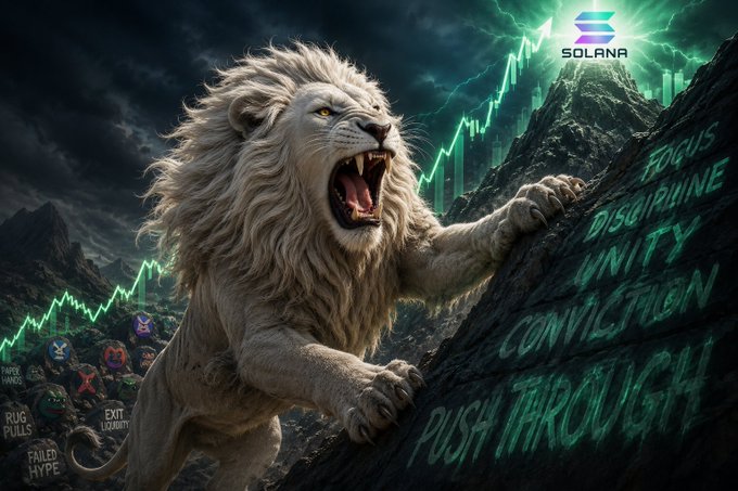 A dramatic digital artwork of a roaring white lion climbing a dark mountain, with the Solana logo, green trading charts, and motivational words like 'FOCUS', 'DISCIPLINE', and 'PUSH THROUGH' carved into the rock.