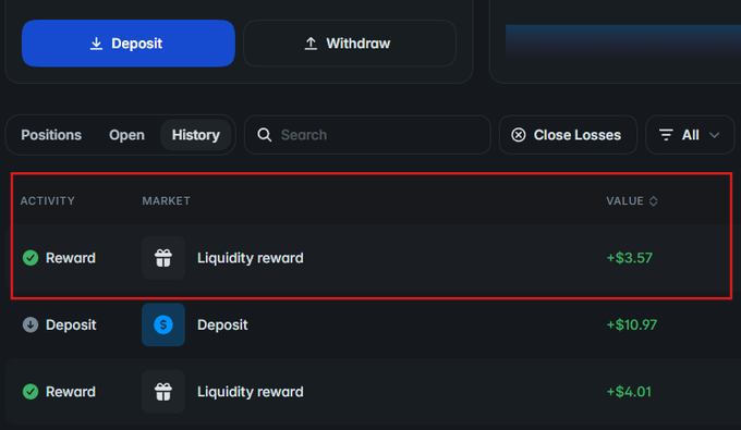 A cryptocurrency platform interface showing a history of transactions with a highlighted 'Liquidity reward' of +$3.57, along with Deposit and Reward entries, and Deposit/Withdraw buttons at the top.