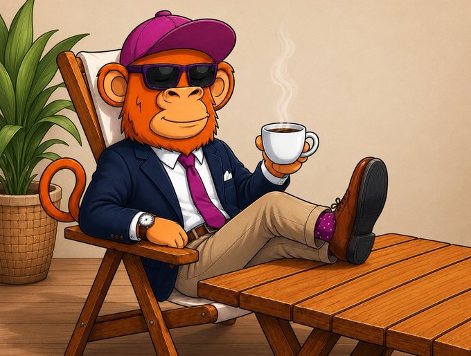 The image features a cartoon monkey sitting comfortably in an office chair with sunglasses on his head and holding a cup of coffee, as well as wearing a tie. The background shows a wooden desk or table, which could be part of an office setting. There is also a potted plant visible in the scene.