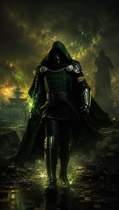 A hooded, armored figure shrouded in dark robes strides through a desolate, apocalyptic wasteland illuminated by eerie green and golden light, with shadowy silhouettes lurking in the misty background. The ominous scene—complete with a foreboding lantern and ruined structures—perfectly matches the "Dooms night" vibe of the post.
