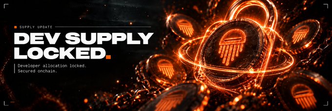A promotional graphic with the text "DEV SUPPLY LOCKED." noting "Developer allocation locked. Secured onchain," featuring glowing orange padlock icons.