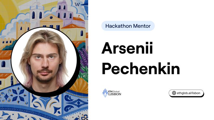 A profile card for 'Arsenii Pechenkin' labeled as a 'Hackathon Mentor' for ETHGlobal Lisbon, featuring a circular portrait of a long-haired man against an illustrated Lisbon background.