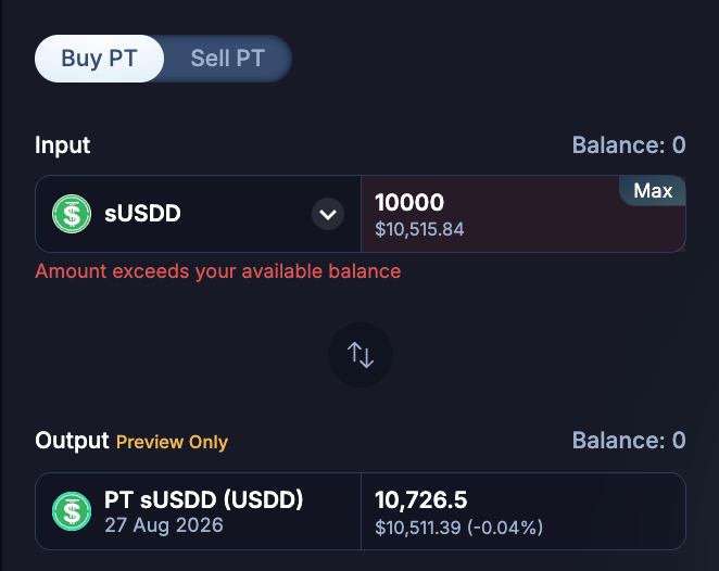 The image shows a trading platform displaying information about the US Dollar (USD) cryptocurrency, specifically regarding its trading strategy. The trading platform provides details like whether the user has 100,000 of the USDD or 10,000 of the currency with them at the moment and how much they have gained since launching the strategy on Pendle in July of this year. This information is important for users who are interested in investing in Bitcoin or other cryptocurrencies and want to understand the current state of their investments and the effectiveness of their strategies.