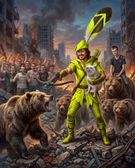 Digital artwork featuring Gekko from Valorant wearing a yellow hazmat-style outfit, posed with a crowd of survivors and bears in a post-apocalyptic destroyed city setting.