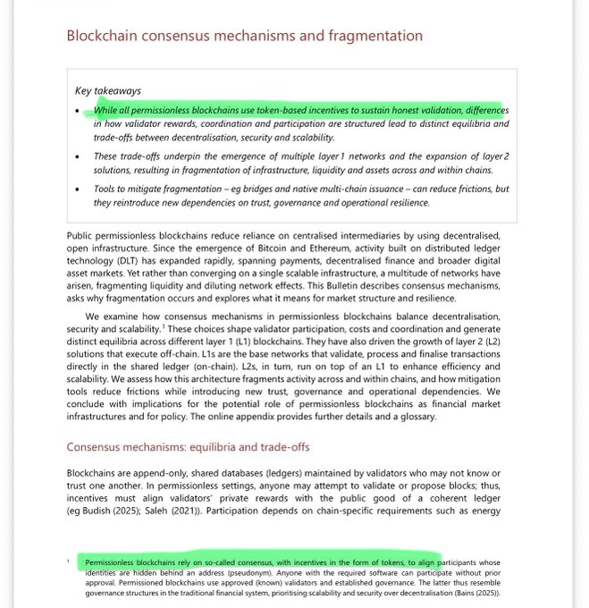 The image shows a page from a BIS (Bank for International Settlements) Bulletin titled "Blockchain consensus mechanisms and fragmentation," with a highlighted text claiming "Permissionless chains rely on token-based consensus, with incentives in the form of tokens, to align participants whose identities are hidden behind an address (pseudonymy)."

The post criticizes this research as flawed, arguing that not all blockchains—such as the XRP Ledger—depend on token incentives for consensus, challenging the BIS's premise that tokens are essential to solving the double-spend problem in public permissionless networks.