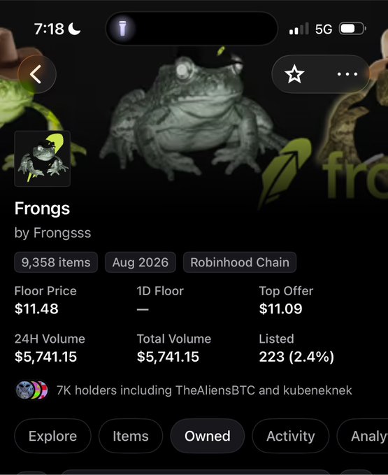 Screenshot shows an NFT collection called "Frongs" by Frongsss on Robinhood Chain, with 9,358 items, a floor price of $11.48, 7K holders, and 223 listed (2.4%)—indicating it is nearly minted out as mentioned in the caption about claiming free mints for holding NFTs.