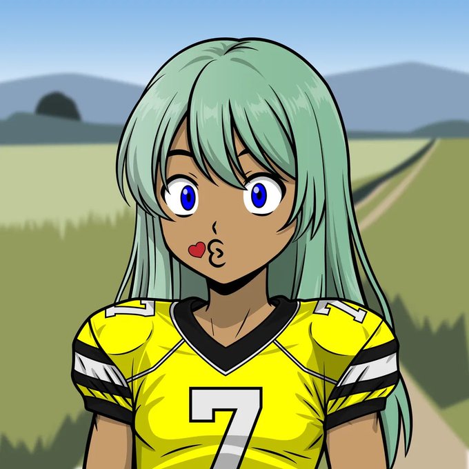 An anime-style illustration features a dark-skinned female character with long mint-green hair, bright blue eyes, and puckered red lips, wearing a yellow football jersey with black and white accents and the number "7" prominently displayed on the front. The character stands against a backdrop of a grassy field with a dirt path and distant mountains, tying into the post's football and "$ Tatakae" (Japanese for "fight" or "attack") theme, suggesting readiness and determination alongside the staking announcement.