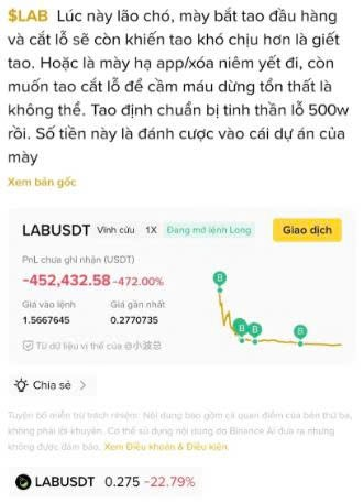 Binance app screenshot in Vietnamese showing a massive LABUSDT perpetual position loss of -452,432.58 USDT (-472.00%) with a cautionary text about market volatility.