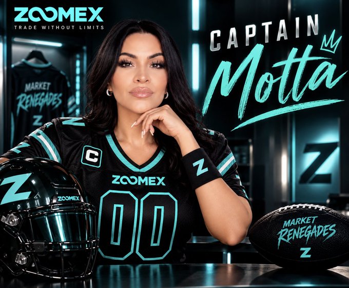 A promotional sports graphic featuring a woman in a teal and black 'ZOOMEX' football jersey labeled 'CAPTAIN Motta' alongside a helmet and football marked 'MARKET RENEGADES Z'.