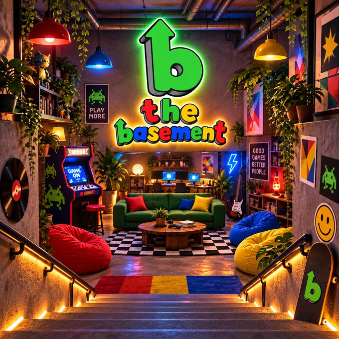 A vibrant neon-lit basement game room with the text 'b the basement' on the wall, featuring arcade machines, bean bags, a green couch, and gaming-themed decor.