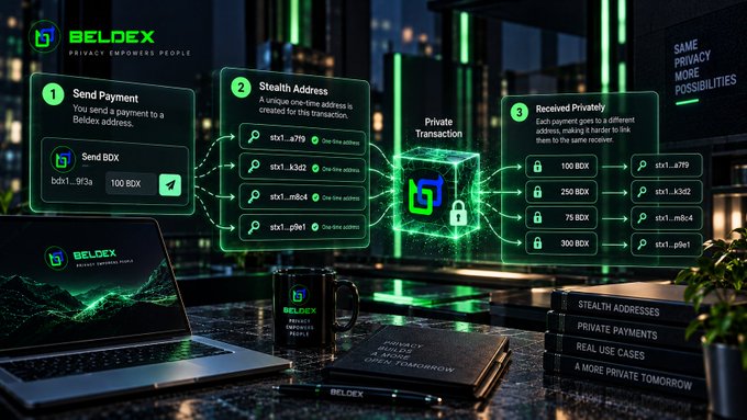 A digital advertisement for Beldex (BDX) illustrates a 3-step process for private cryptocurrency transactions: sending payment to a stealth address, creating a private transaction, and receiving the funds privately.