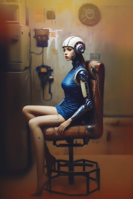 A digital painting of a female cyborg with mechanical arms wearing a blue dress and white helmet, sitting on a chair in an industrial room with 'LIKE' text on the wall.