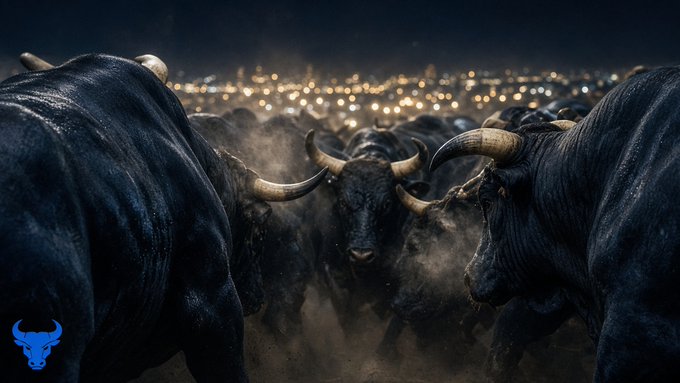 A dramatic scene of large black bulls charging at night with city lights glowing in the background, with a small blue bull logo in the bottom left corner.